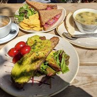 Veg & hummus sandwich, smashed avocado and leek & potato soup at Brambles in Inveraray