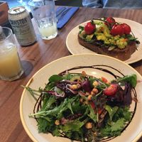Beetroot salad, smashed avocado, and cawston juice cans  at Brambles in Inveraray