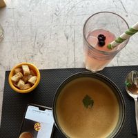 Pumpkin soup and lemonade at Grön Vegan Yard in Nicosia