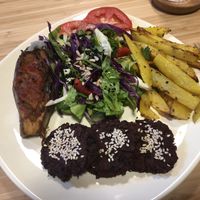Beet “Burgers”, Eggplant, potato fries and salad. Good size portions and delicious!   at Grön Vegan Yard in Nicosia