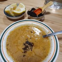 Lentil soup with lemon and chilli flakes  at Grön Vegan Yard in Nicosia
