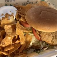 Vegan chicken sandwich with house made chips at One Well Brewing in Kalamazoo