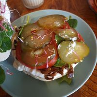 Inside mushroom bagel at Avocado Spot in Gdansk