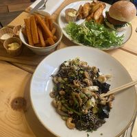 Soba stir fry, polenta fries, burger   at Aromaticus - Trastevere in Rome