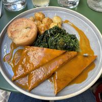 Tempeh, greens, potatoes, not Yorkshire pudding and gravy    at Aromaticus - Trastevere in Rome