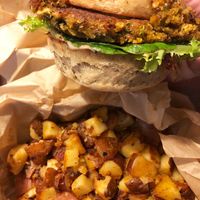 Burger with potato side at Scratch Farm Kitchen in Lafayette