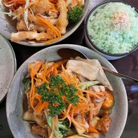 Som tum (papaya salad), coconut rice, crispy “pork” with stir fried veg  at U-TONG in Clayfield