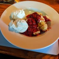 Vegan fruit crumble and ice cream at Milecastle Inn in Haltwhistle