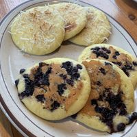 Blueberry and coconut pancakes  at Polly's Pancake Parlor in Sugar Hill