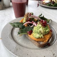 Avocado toast. Substitute cheese for hummus    at Home of Franziska in Budapest