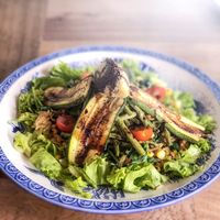 Roast Veggie & Orzo Salad with Balsamic Reduction and Cashew Cream Cheese at Pilgrim in Kampot
