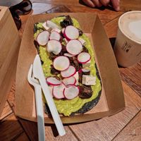 Charcoal infused bread with avocado, raddish and mushrooms at Base V Juicery - Via dei Neri in Florence