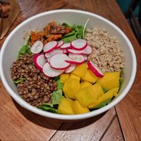 Pumpkin, mango, raddish, lentils, rocket and quinoa bowl at Base V Juicery - Via dei Neri in Florence