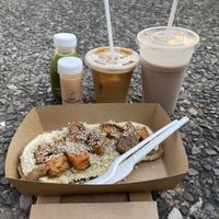 Ginger-lemon shot, cold brew coffee, sweet guy smoothie, Hummus-Quinoa-Sweet potato-toast at Base V Juicery - Via dei Neri in Florence