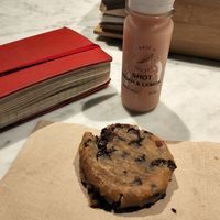 Chocolate chip cookies with pinut butter+ginger lemon shot. All veg at Base V Juicery - Via dei Neri in Florence
