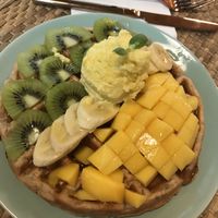 More Gluten Free Flax seed Waffles with fresh fruit and home made Vegan Mango Ice Cream at Go Vegan Cafe in Phuket