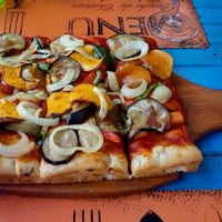 Delicious vegan pizza. at Los Kamikazes in Colonia Del Sacramento