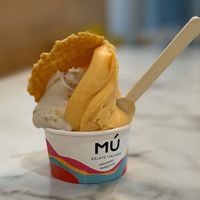 Papaya + peanut-red fruit Italian ice. at Mú Gelato Italiano in Lisbon