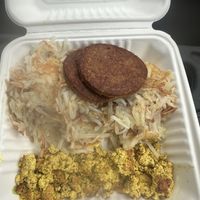 Vegan sausage, hash browns, tofu scramble  at Hartland Diner  in Hartland