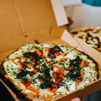 Estonian pizza with vegan fish.  at Mega Hea Pizza in Tallinn