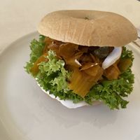 Salmon bagel (nice smokey taste and lukewarm)  at Plant Base in Berlin