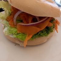 Bagel with carrot salmon at Plant Base in Berlin