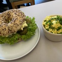 Egglike bagel and tofu scramble   at Plant Base in Berlin