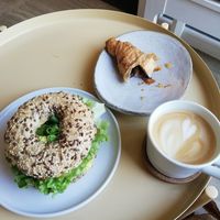 Like egg Bagel, chocolate croissant and cappuccino at Plant Base in Berlin