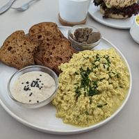 Tofu scramble menu, gluten free option. at Plant Base in Berlin