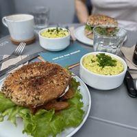 Salmon bagel and tofu scramble   at Plant Base in Berlin