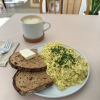 Scrambled Tofu & Café Latte   at Plant Base in Berlin