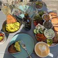 Plate for two (26€) and a café latte. at Plant Base in Berlin