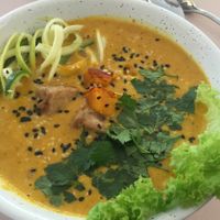 Peanut and sweet potato soup with zoodles and tofu at Plant Base in Berlin