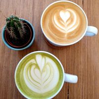 Matcha latte and cappuccino at Plant Base in Berlin