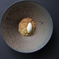 Caramelized Banana Curd Desert - Caramelized Banana Curd, Hazelnut, Mint & Sesame. One Desert Course from the Vegan Tasting Menu at ēst in Toronto