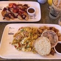Lemon Strawberry French Toast & Italian Plant Based Scramble with a Lavender Vanilla Latter with oatmilk  at Fig Tree Cafe - Liberty Station in San Diego