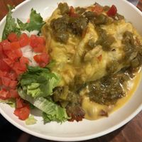 Stuffed sopapilla. Tofu protein. Green chili sauce   at Vegos in Albuquerque