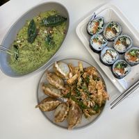 Dumplings - naturally vegan. Kimbap - vegan variation. Pesto tteokbokki - vegan variation     at Seler Mari 샐러마리 in Seoul