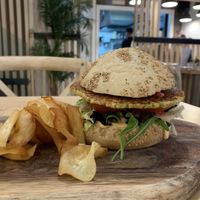 vegan burger with manioc crisps  at Portovello in Ourense