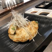 Okonomiyaki vegan style - with okra and lotus root  at Yasaiya Teppanyaki Vegetables in Tokyo