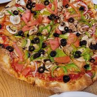 Their veggie pizza made vegan, light touch with the vegan cheese which was perfect for us. Light fluffy crust. at Piecasso in Stowe