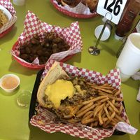 1/2 portion vegan philly with jalapeños and a side of okra  at Fat Boy's Roadside Eats in Ooltewah