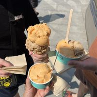 Two vegan options, mango and salted caramel. The cones aren’t vegan, but they offer sugar cones so we got that! The mango was so delicious!!   at Parlour Ice Cream in Kelowna