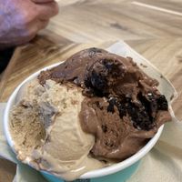 Half salted caramel and half mud pie  at Parlour Ice Cream in Kelowna