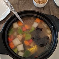Herbal soup w veggies and mock fish filets at Jisu Vegetarian in New York City