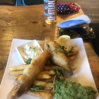 Vegan "fish" and chips (banana blossom)  at The Mermaid Inn in Isles Of Scilly