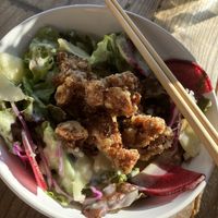 Salad with brown rice & soy meat  at Shinjuku Dialogue in Tokyo