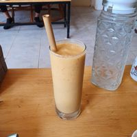 Banana, mango and peanut butter shake at CV Cafe in Kampot