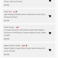 Vegetarian menu, vegan options marked with green leaf  at Ganges in Barnstaple