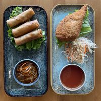 (Left) impossible crispy rolls starter, (right) jumbo drumstick starter   at Loving Hut - North Park in San Diego
